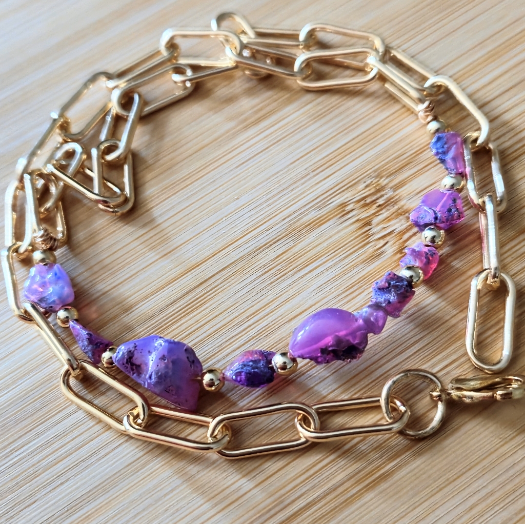 Nature's Pink Fire Opai In Free Form & Raw Gold Plated Paperclip Necklace